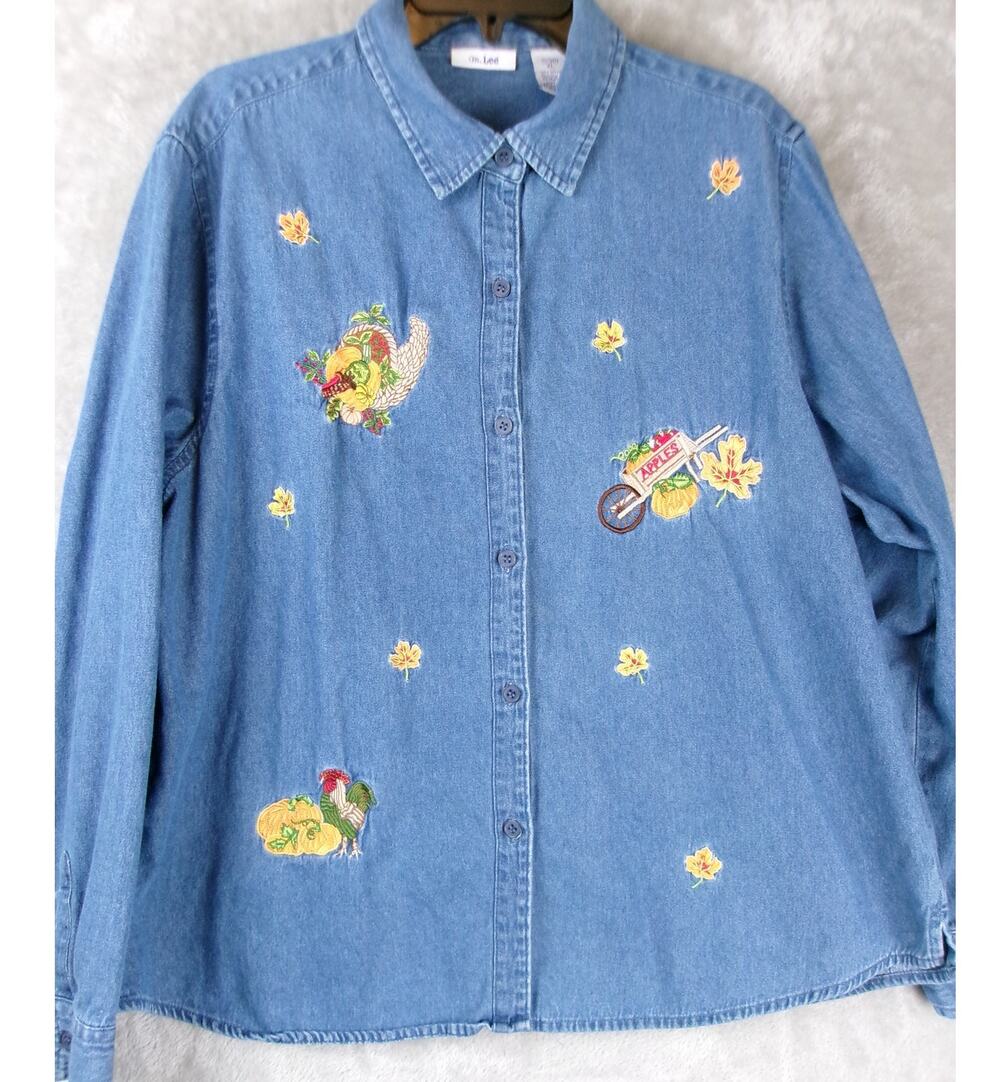 Vintage Ms. Lee XL Denim Button Front Shirt Embroidered Fall Harvest Leaves